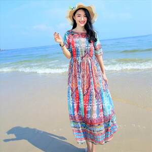 
Bohemian fat mm large size beach skirt mid-length seaside vacation slim long skirt mid-sleeved dress summer loose