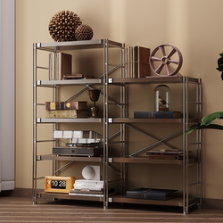 Floor-Standing Multi-Layer Japanese-Style Steel-Wood Bookshelf, Living Room Balcony Storage Rack, Kitchen Microwave Storage Rack