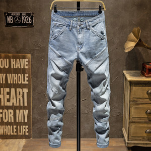 
Original high-end nostalgic retro light blue splicing motorcycle men's jeans slim feet elastic trendy brand heavy engineering