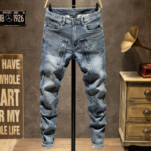 
High-end retro nostalgic motorcycle zipper splicing motorcycle jeans men's slim feet elastic trendy brand casual
