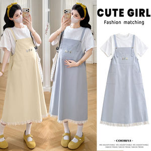 
Maternity summer dress, fashionable loose embroidered suspender skirt, fashionable and cute maternity dress that covers the belly but does not show pregnancy