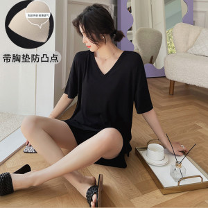 
Modal pajamas women's summer Korean version short-sleeved shorts half-sleeved home clothing set solid color V-neck large size with breast pad thin