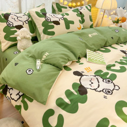 Cartoon Pure Cotton Four-Piece Bedding Set, All-Cotton Children's Bedding, Dormitory Bed Sheet Three-Piece Set, Boys' Green Duvet Cover, Fitted Sheet