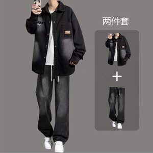 
Spring and autumn denim long-sleeved shirt men's suit handsome thin jacket student set with trendy high street denim