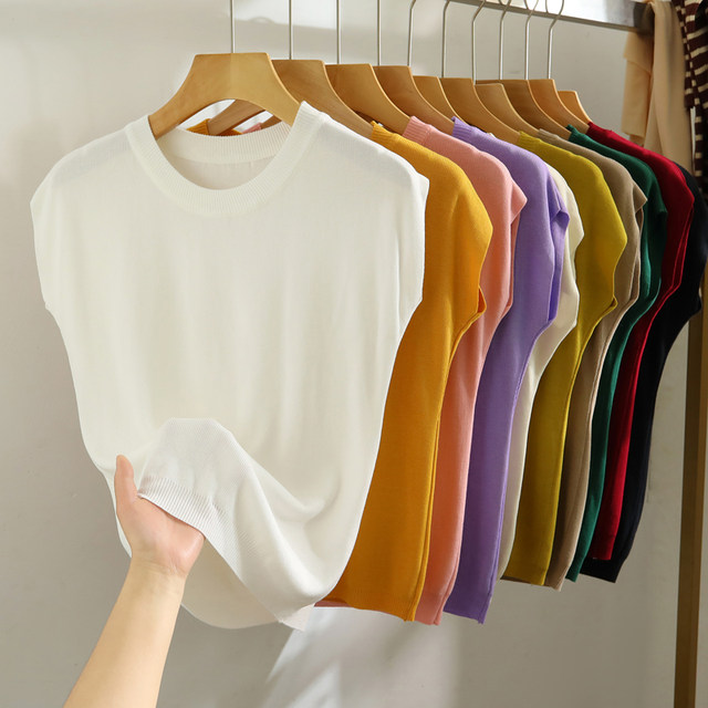 Ice Silk Knitwear Women's Summer Thin 2024 New Style Slim Round Neck ...