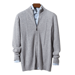 
Heavy thickened half-high round neck striped zipper cardigan men's 100% pure cashmere casual versatile knitted jacket sweater