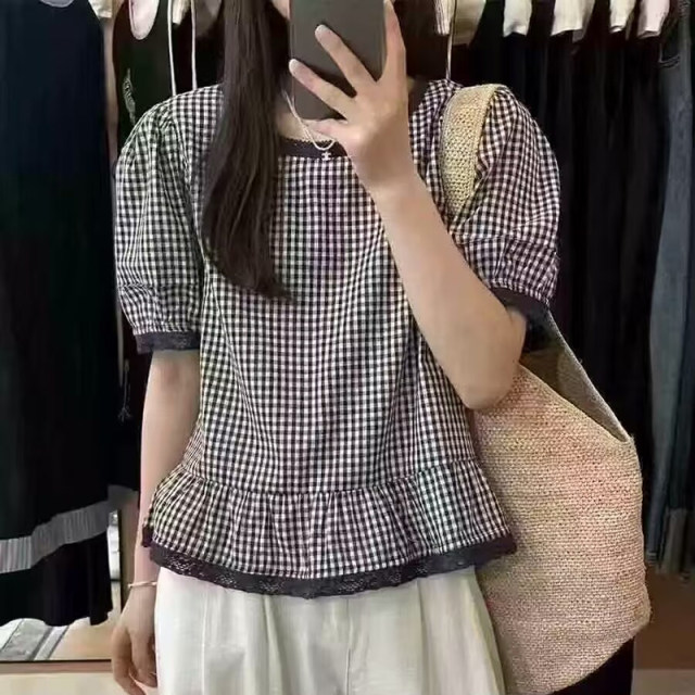 Korean style fashionable lace plaid short-sleeved shirt for women 2025 summer new versatile slim and small top
