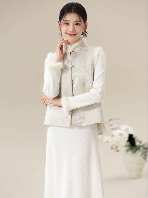 Jianni New Chinese Style Chinese Style Wool Collar Vest Women's Mink Fleece Plate Jacket