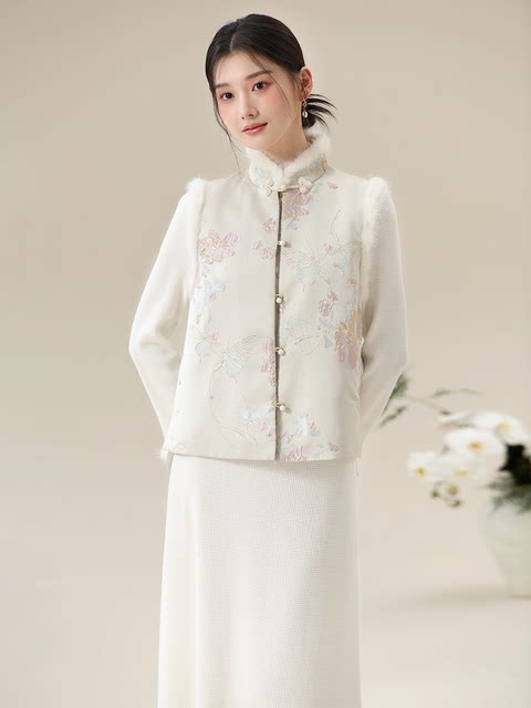 Jianni New Chinese Style Chinese Style Wool Collar Vest Women's Mink Fleece Plate Jacket
