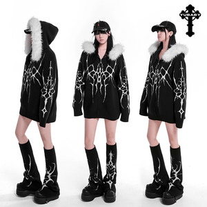 
[Release Angles] Original imitation alpaca gothic totem detachable large fur collar zipper hooded sweater jacket