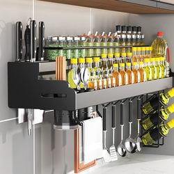 Wall-Mounted Kitchen Storage Rack, Multifunctional Knife Holder, No-Drill Seasoning Organizer, Spice Rack