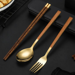 Stainless Steel Portable Cutlery Set Chopsticks Spoon Fork Set for Office Workers and Students Three-Piece Set Single-Person Wooden Chopsticks Storage