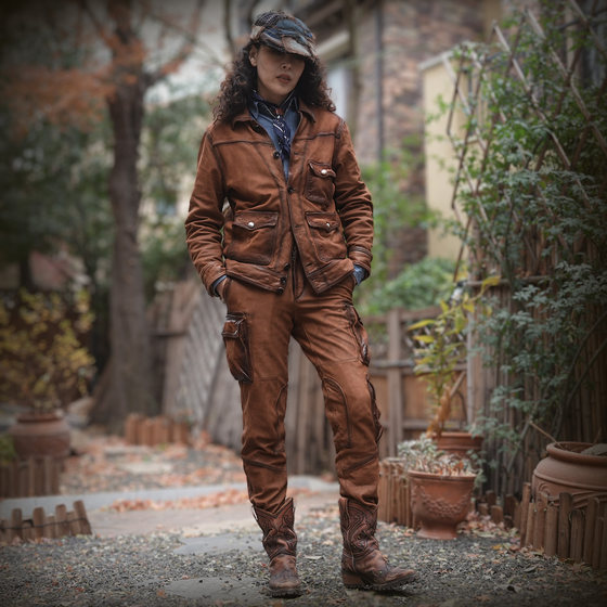 
American retro leather pants, logging farmer work clothes, men's hunting clothes, multi-pocket goatskin, hand-made, old money style, women's