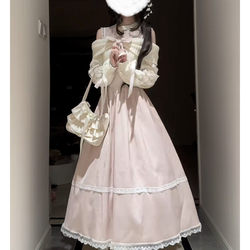 Autumn Whispers: Clear and Elegant, Gentle Low-Saturation Light Pink Waist-Cinching Long Dress with Off-Shoulder Straps and Long Sleeves