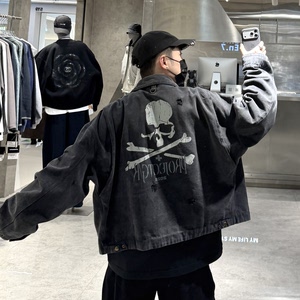 
Trendy brand spring lapel denim jacket men's ins American retro distressed skull print loose youth jacket
