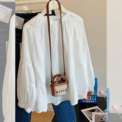 French White Embroidered Chiffon Long-Sleeved Shirt for Women, Autumn and Winter 2025 New Style, High-End Puff-Sleeved Babydoll Top