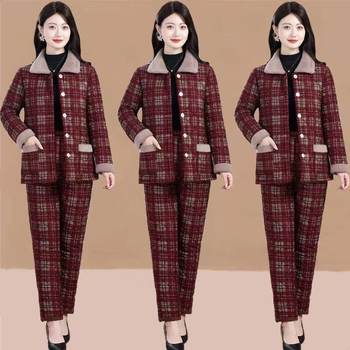 
Mom's spring plaid cotton coat two-piece suit