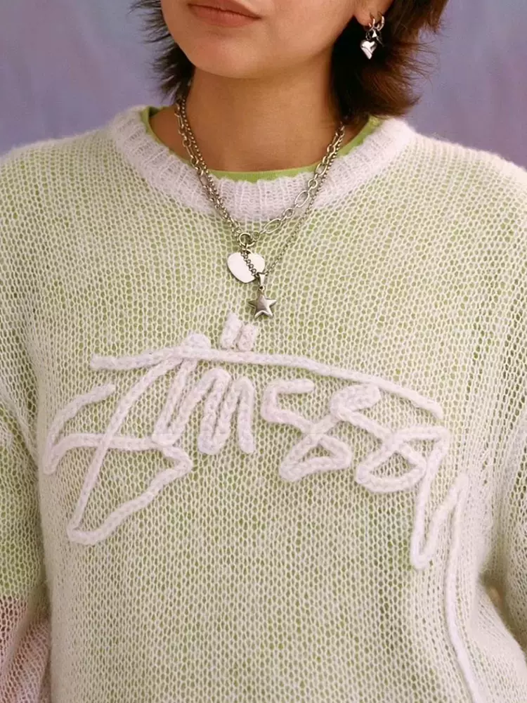 S牌LOOSE KNIT LOGO SWEATER 宽松针织镂空薄款秋季长袖圆领毛衣