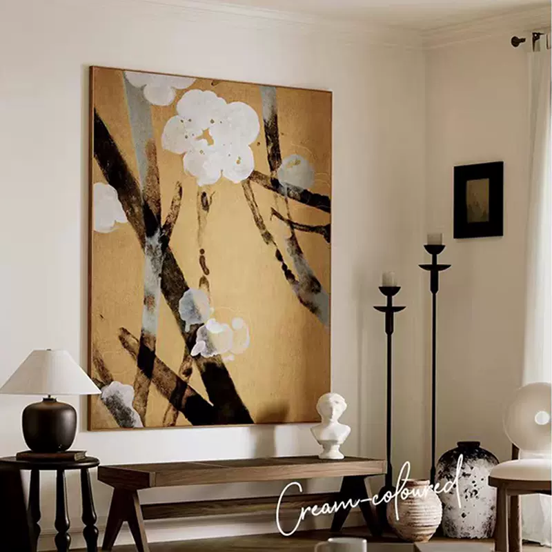 中古风客厅背景墙壁装饰画抽象法式奶油风挂画原木风玄关