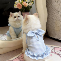 Cat Clothes Anti-Shedding Thin Breathable Summer Fresh Plaid Bow Vest Pet Dog Clothes Soft