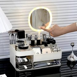 Desktop Cosmetics Storage Box with Mirror Integrated High-End Skin Care Product Makeup Box Dressing Table Lipstick Storage Shelf