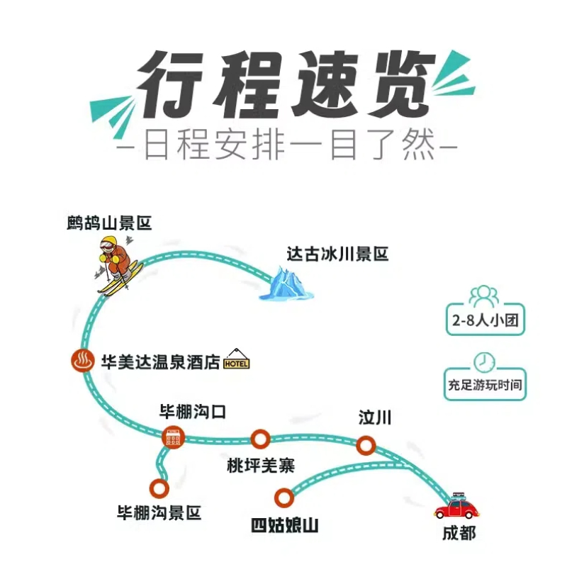 2-8人纯玩旅游成都出发毕棚沟达古冰川四姑娘山3天2晚川西跟团游