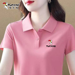 Woodpecker Pure Cotton Polo Shirt Summer Short-Sleeved T-Shirt for Women 2026 New Style Lapel Printed Age-Reducing Work Clothing Top