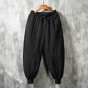 Summer men's leisure pants wide -leg cotton, linen, radish, kalon pants, loose trend men's tightly tightly collect lantern pants