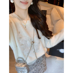 
Fish Rabbit's Rabbit Lazy White Sweater Women's 2025 Autumn and Winter New Korean Style Versatile Knitted Top