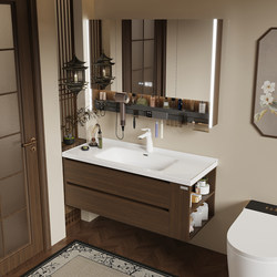Oulin Honeycomb Aluminum Side Storage Bathroom Cabinet Antique Style Walnut Ceramic Integrated Basin Wash Basin Cabinet Combination