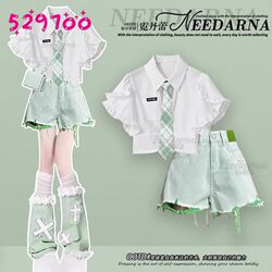 Girls' Outfit Short-Sleeve T-Shirt + Fresh Short Two-Piece Set for Ten-Year-Old Girls, Anti-Exposure Ootd Dopamine Style Outfit