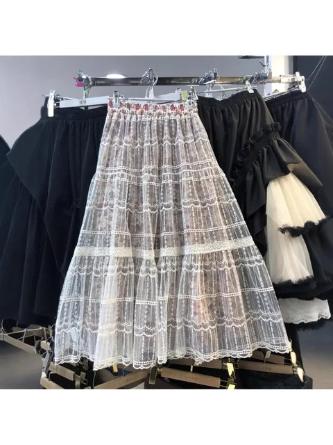 Fashionable elastic high waist heavy industry embroidered mesh spliced ​​A-line skirt European station spring and summer women's new style 2025