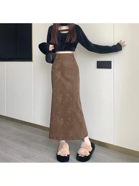 American retro suede skirt high-waisted slim flocking long skirt autumn and winter versatile zippered deerskin velvet fishtail skirt