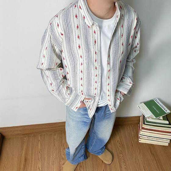 
SAMS [Classic Striped Floral] American Retro Drape Loose Long Sleeve Shirt Men's and Women's Shirt Jacket