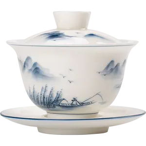 sancai gaiwan jingdezhen blue and white porcelain hand-painted 