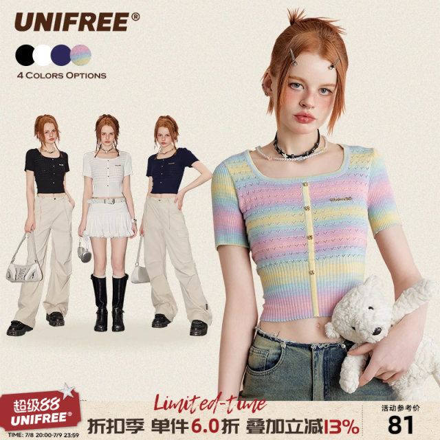 Unifree hollow short -sleeved sweater, the new American retro small short slim top
