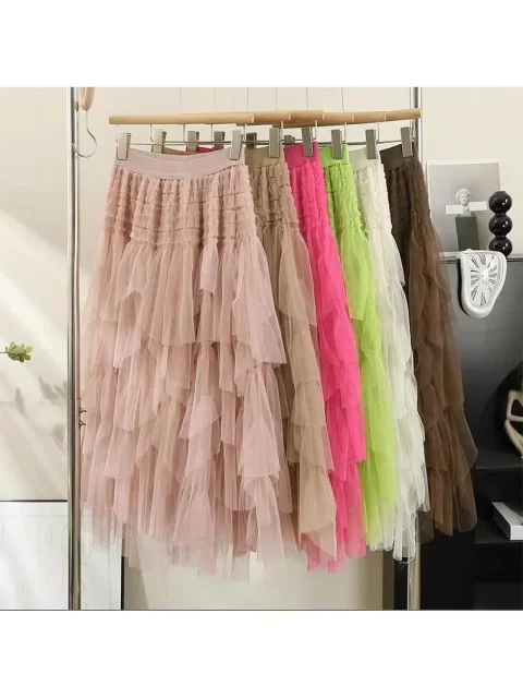 French sweet mesh irregular skirt for women in autumn and winter 2025 new high-waisted slim A-line layered cake skirt