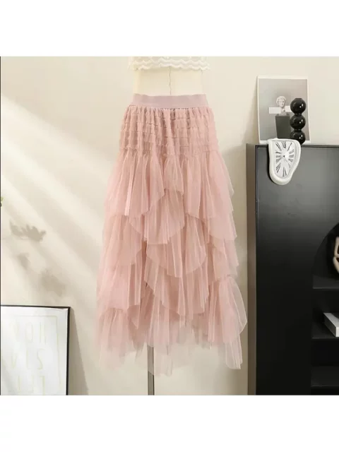 French sweet mesh irregular skirt for women in autumn and winter 2025 new high-waisted slim A-line layered cake skirt