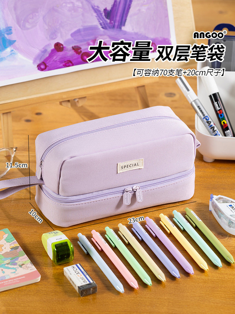 Doraking Canvas Dual Layers Pencil Case - Plaid White Linen Pencil Bag For Students, Artists, Office (Large Capacity) - View #8