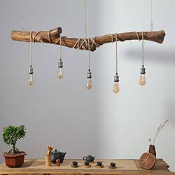 Vintage Solid Wood Dining Room Pendant Light, Guesthouse Tea Room Bar Counter Wabi-Sabi Style Branch-Shaped Linear Light, Creative Dining Table Lighting Fixture