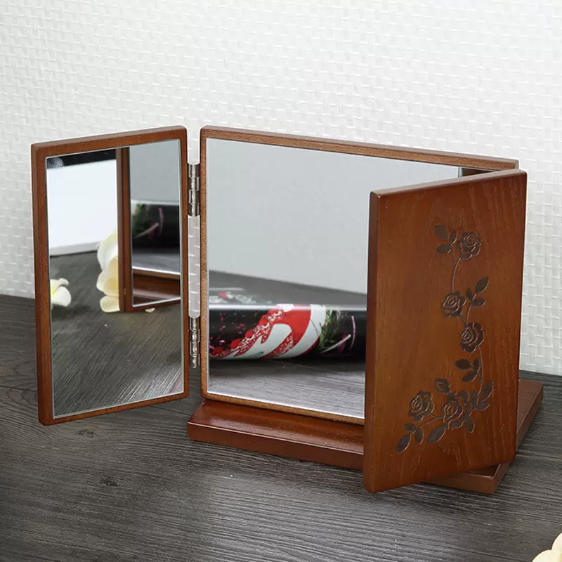 新品木质桌面化妆镜女复古雕花折叠台式大号三面梳妆镜台面网红镜