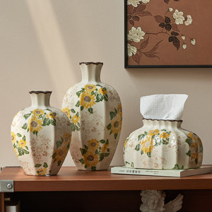 
American country-style ceramic vase with small mouth and big belly, water-raising clock, flowers, retro living room flower arrangement ornaments, new Chinese style