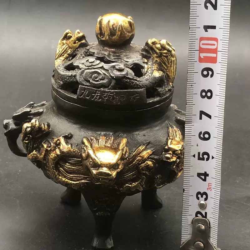 三足鼎 双耳九龍熏香炉 彫刻 置物 開運 金運 風水 工芸品 美術品