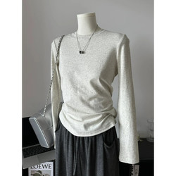 White Long-Sleeve Crew Neck Base Layer Shirt for Women, Suitable for Layering in Autumn and Winter, Brushed Cotton Top, Versatile and Simple Pure Cotton T-Shirt