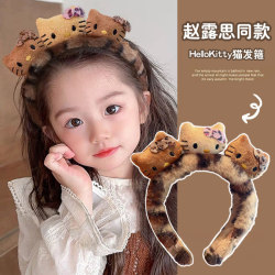 Children's Cute and Super Adorable Kt Cat Leopard Print Headband 2025 New Style Girls' Cartoon Hair Clip Non-Tightening Plush Headband