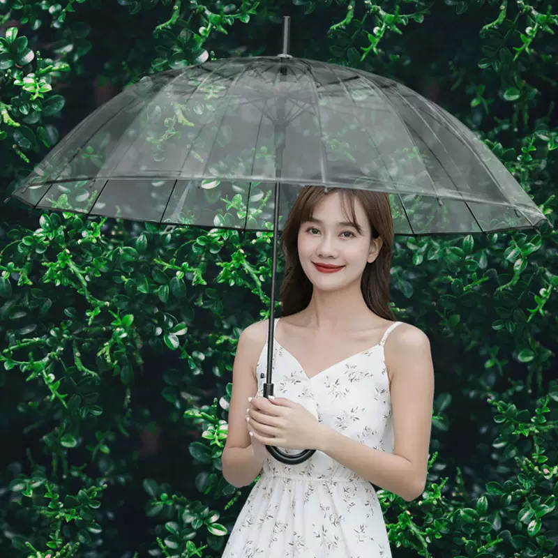 透明雨伞加厚折叠长柄大号16骨网红双人白色韩版女雨伞便携自动伞