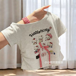 Girls' Pure Cotton Cartoon Print T-Shirt, New Summer Round Neck Pullover Hello Kitty Short-Sleeved Versatile Casual Top 3