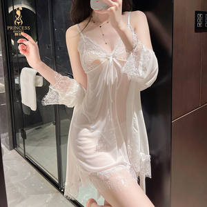 
2025 new large size gauze sexy pajamas for women, high-end lace suspender nightgown, pure desire nightgown, deep V summer