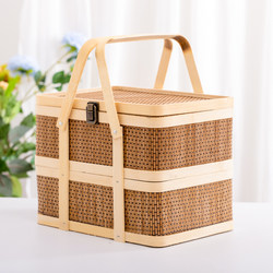 Double-Layer Bamboo Basket, Bamboo Woven Gift Storage Basket with Lid, Household Portable Basket, New Year's Goods, Dragon Boat Festival, Mid-Autumn Festival Food Packaging