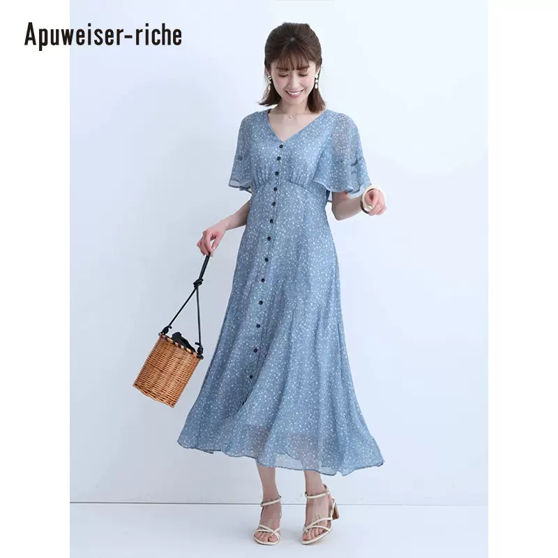 Apuweiser-riche高腰V领气质碎花印花连衣裙薄款21264570-Taobao